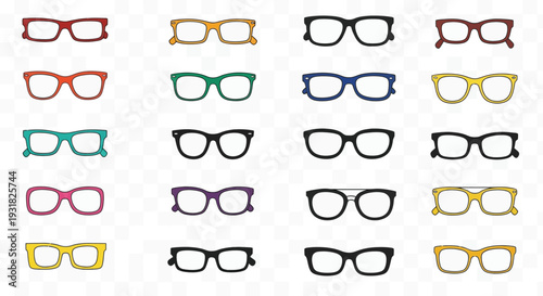 Collection of colorful eyeglasses in various styles and frame shapes