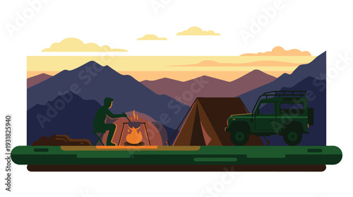Wilderness camping scene with person cooking by fire, tent, and off-road car
