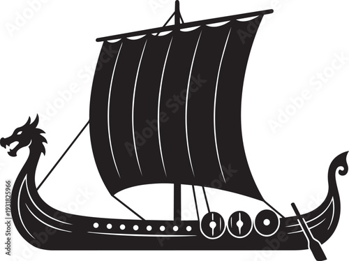 Viking Longship Silhouette Minimalist Narrow Warship with Dragon-Head Bow and Square Sail Flat Vector Icon