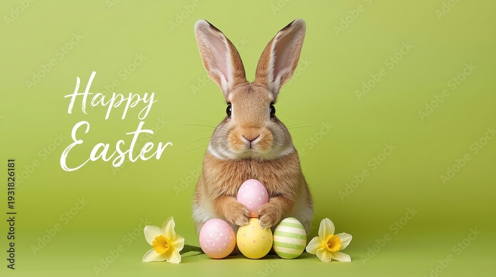 Obraz premium Happy Easter Greeting with Cute Bunny Holding Pastel Eggs and Daffodil Flowers on Green Background, Spring Holiday Studio Portrait with Handwritten Text Design