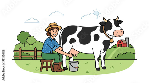 A farmer milks a black and white cow in a green field with a farm and trees in the background.