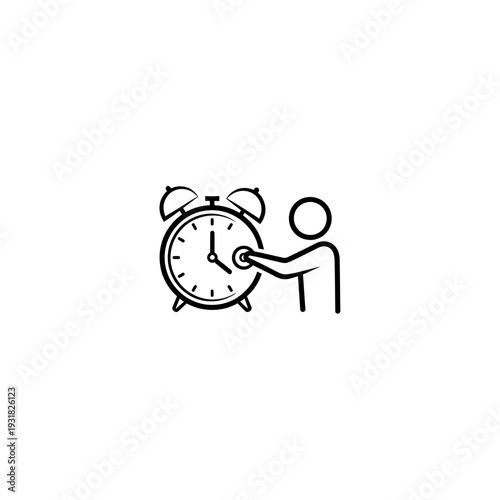Alarm clock hand touching the clock hand, a simple icon representing time management and punctuality with a black silhouette of a person and clock