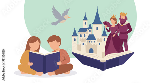 Children reading a storybook, imagining a magical fairy tale kingdom