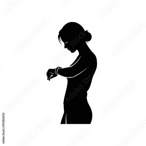 Minimalist black silhouette of a woman glancing at her wrist, possibly checking a watch or bracelet, with elegant lines and a classic profile, symbolizing time, elegance, and contemplation