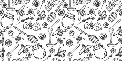 Beekeeping honey seamless pattern. Hand drawn honey sketch. Doodles set. Vector illustration for packaging design. Honeycomb, bee, flowers, jar of honey. Simple sketch style. Minimalist line art.