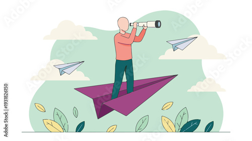 Visionary person flying on a paper airplane, exploring future opportunities