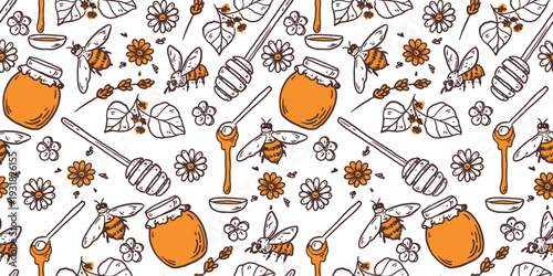 Beekeeping honey seamless pattern. Hand drawn honey sketch. Doodles set. Vector illustration for packaging design. Honeycomb, bee, flowers, jar of honey. Simple sketch style. Minimalist line art.