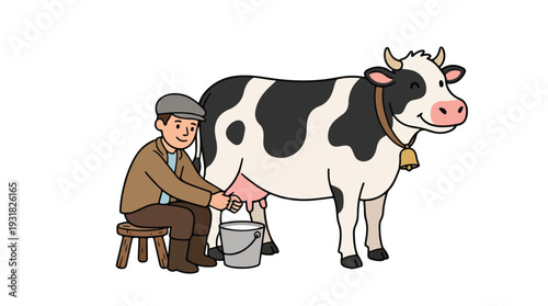 A cartoon man milking a black and white cow into a metal bucket while sitting on a stool with a plain white background.