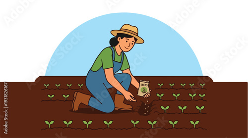 A smiling woman in a green shirt and blue overalls planting seedlings in a garden with a sunny background.