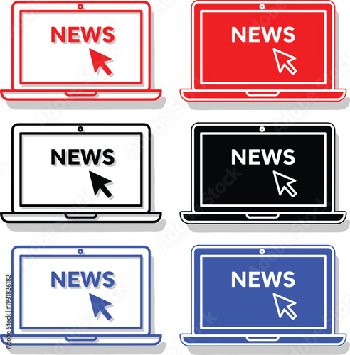 Online news laptop icon set with cursor clicking on screen for digital media and journalism concept