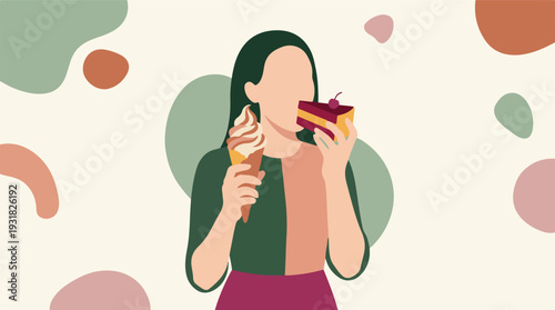 Minimalist illustration of a woman enjoying ice cream and cake