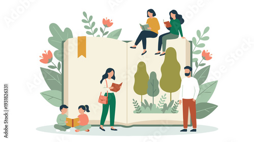 Vector illustration of people reading and learning in a giant book with nature