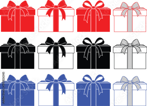 Gift boxes icons set collection in red black and blue colors with ribbons isolated on transparent background