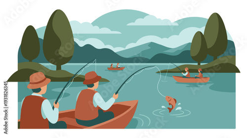 People fishing in boats on a lake with mountains and trees in the background