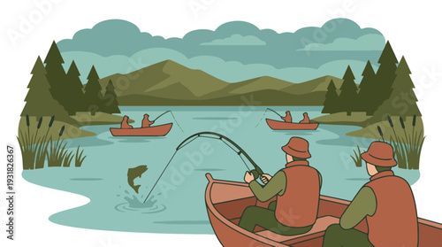 Fishermen in boats on a tranquil lake with mountains and trees