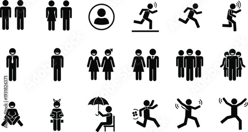 Set of stick figure icons depicting people running jumping sitting reading and standing for social community business and active lifestyle themes