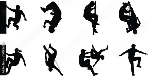 Vector collection of diverse rock climbing silhouettes including climbers bouldering rappelling and scaling walls isolated on white background for adventure sports and fitness design projects