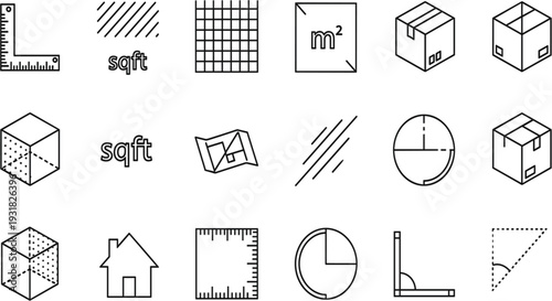 Architectural Measurement Line Icon Set Featuring Geometric Cubes Rulers and Area Calculation Symbols