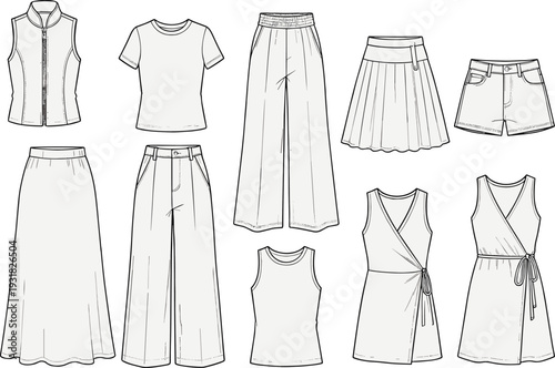 Women Fashion Clothing Set Technical Sketches Including Vest T-Shirt Wide Leg Pants Maxi Skirt Shorts Tank Top and Wrap Dresses