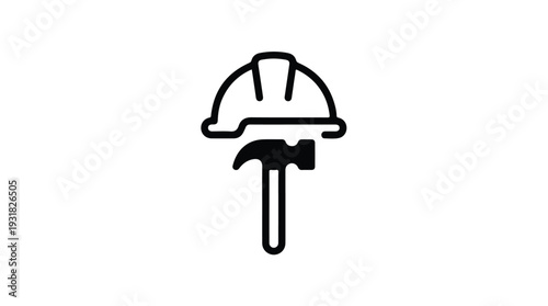 Line drawing of a hard hat with a pickaxe on a white background