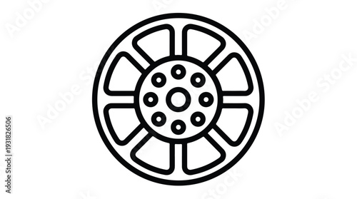 A simple line drawing of a car wheel with a white background.