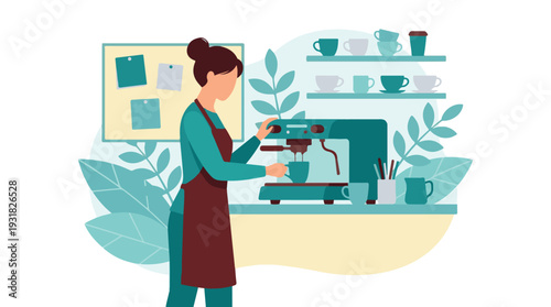 Barista making fresh coffee with an espresso machine in a modern setting