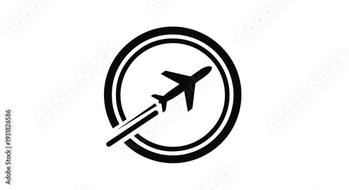 Black and white icon of an airplane flying through a circular route symbol on a clean white background.