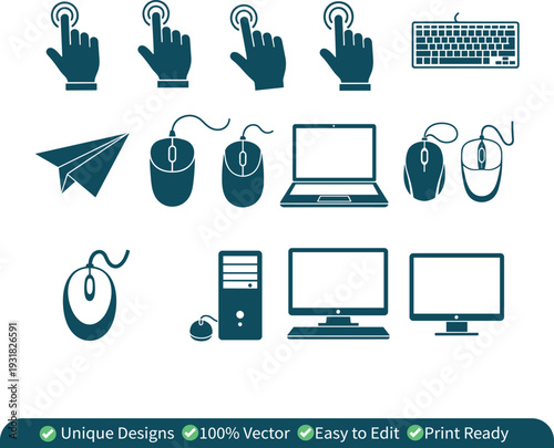 Computer Hardware and Click Hand Icon Set Vector – Mouse, Keyboard, Laptop, Monitor and Touch Screen Symbols