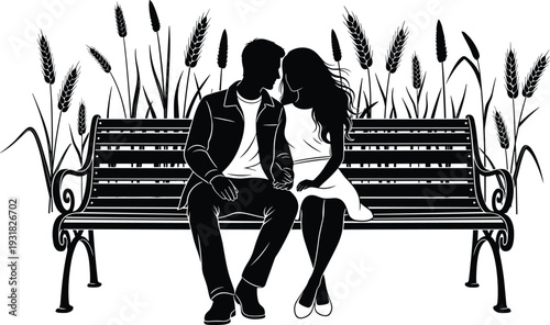 Silhouette of young romantic couple sitting on park bench in nature field for love relationship date summer evening and togetherness concept
