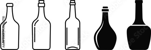 Vector collection of glass bottle icons including wine spirit and beverage containers in outline and silhouette styles isolated on white background for packaging design projects