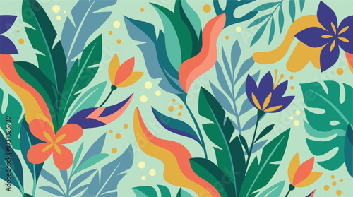 Colorful abstract tropical jungle leaves and flowers seamless pattern