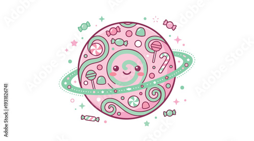 Illustration of a smiling cartoon planet with pink and green swirls and candy against a white background.