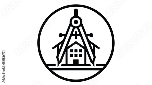Black line drawing of a house with a compass and triangle on a white background with geometric shapes.