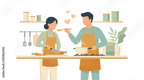 Couple cooking together in a modern kitchen preparing healthy meal