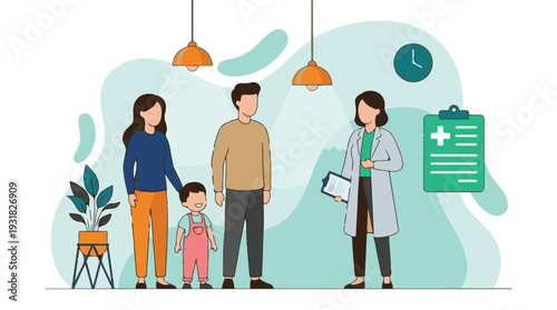 Family with child consults a female doctor for health check-up