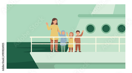 Family waving from a boat deck, diverse group on a sea journey