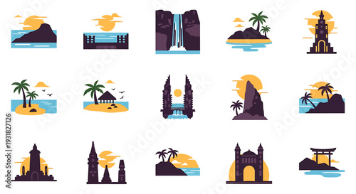 Iconic Landmark Silhouettes In Sunset Travel Palette.