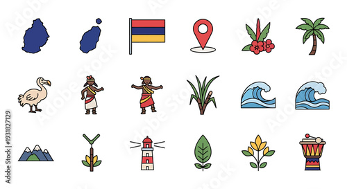 Iconic tropical travel culture symbols collection.