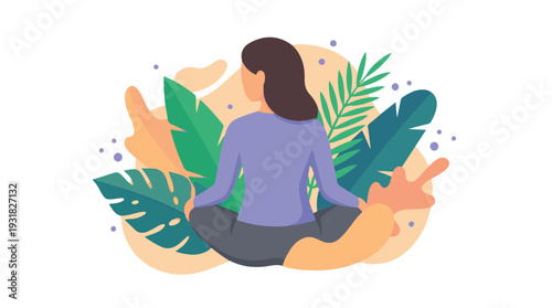 Peaceful woman meditating amidst lush tropical foliage, wellness illustration