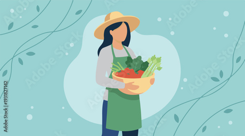 Woman in a hat and apron holding a bowl of fresh organic vegetables