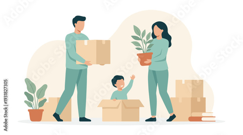 Happy family moving house, packing belongings with boxes and plants