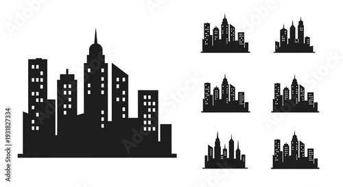 Urban Skyline Silhouette Featuring Tall City Buildings.