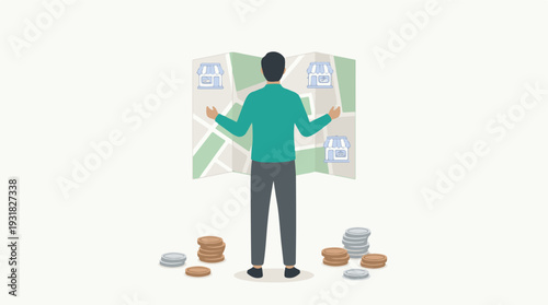 Businessman planning store locations on a map with money for investment