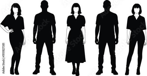 Black silhouette vector illustration of men and women, casual attire, standing poses, fashion elements, human figure artwork, demographic design, lifestyle silhouettes