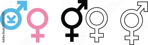 Vector collection of male and female gender symbols including pink and blue icons for bathroom signage identity concepts and sociological diversity isolated on white background