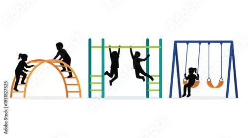 Vector illustration of children playing on various playground equipment.