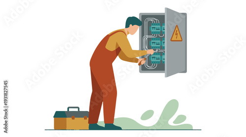 Electrician working on electrical panel, adjusting wires and circuits