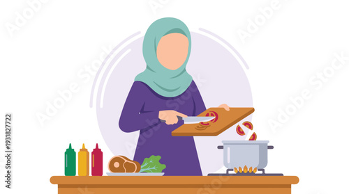 Muslim woman cooking a healthy meal in the kitchen, chopping tomatoes