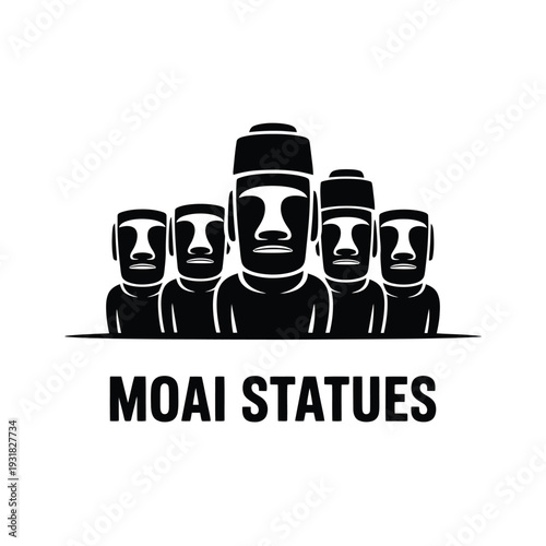 Four moai statues depicted in a black and white graphic illustration