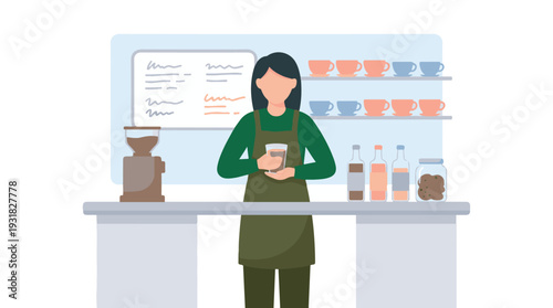 Illustration of a female barista serving coffee in a contemporary coffee shop